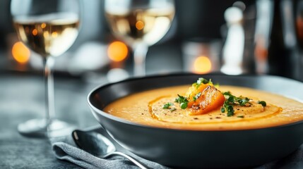 A velvety bowl of creamy soup garnished with citrus slices and fresh herbs, perfectly presented on a stylish dining table, ideal for comforting evening meals and gatherings.