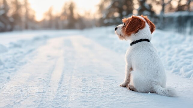 A charming dog seated calmly on a snowy path, bathed in soft sunlight, embodying tranquility and joy in a picturesque winter landscape of serenity and beauty.