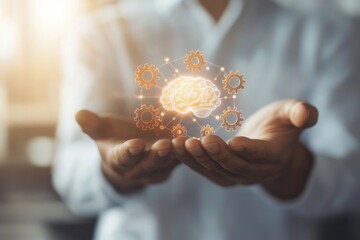 Person holds a holographic brain with gears, symbolizing AI or cognitive process