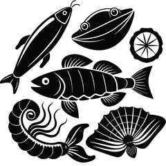 fish art, seafood black silhouette, white background,  monochrome illustration, stylized fish, seafood icon, fish set, Seafood Illustration Bundle