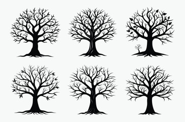 Bare tree silhouette, leafless tree drawing, spooky tree outline, hand drawn illustration
