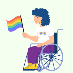 Vector illustration of a smiling LGBTQ woman in a wheelchair holding a rainbow pride flag. A vibrant and inclusive design representing disability pride, empowerment, and love during Pride Month. Ideal