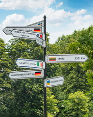 Multidirectional Signpost Showing Distances to European Cities