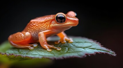 An intricately detailed orange frog perched on a lush green leaf creates a striking contrast, showcasing the beauty and fragility of nature in vivid color.