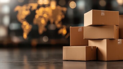 A neatly arranged stack of cardboard boxes stands prominently, suggesting themes of shipping, logistics, and the interconnectedness of global trade in the modern world.