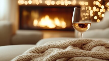 A glass of wine sits gracefully on a soft blanket near a warm fireplace, capturing the essence of cozy, intimate evenings spent in comfort and joy.