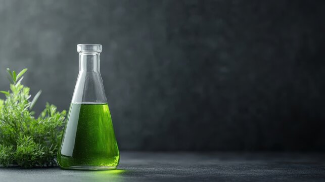 A glass flask holding bright green liquid stands prominently with fresh herbs beside it, symbolizing nature and the essence of wellness in scientific exploration.