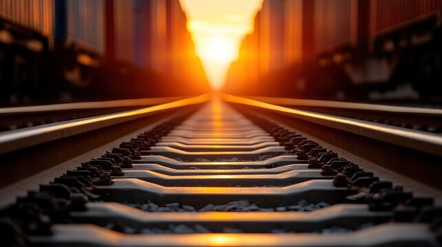 This image beautifully captures railroad tracks leading towards a glowing sunset, evoking feelings of journey, adventure, and the passage of time, creating a serene atmosphere.