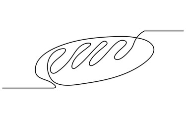 Bread one line drawing, One continuous line drawing of long loaf bread, Continuous line art drawing Bread in the form of a baguette Long sandwich bread. One Continuous Line Drawing of Bread Icon.