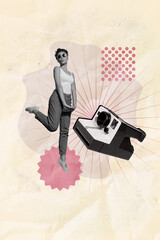 Exclusive magazine picture sketch collage image of happy girl guy pose retro instant camera cadre...
