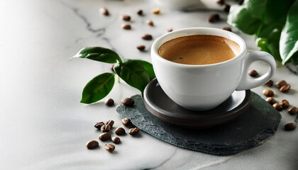 coffee cup espresso marble countertop coffee beans green leaves