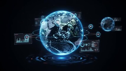 Futuristic digital globe showcasing data analytics and AI insights with interactive screens around - Powered by Adobe