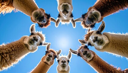 A circle of llamas gazes downward with comic curiosity, symbolizing unity, collaboration, or peer pressure with a surreal humorous twist