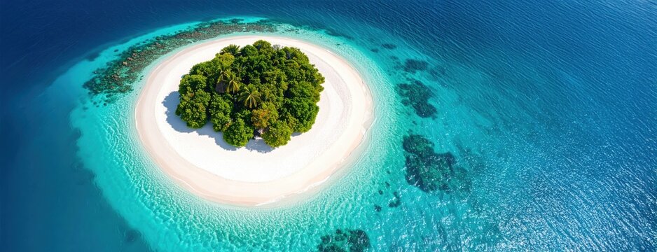 Aerial view of a tiny tropical island with lush greenery and white sand surrounded by turquoise waters, symbolizing escape, paradise, and travel dreams