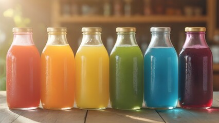 Colorful glass bottles filled with fresh, vibrant fruit juices in a rainbow of flavors