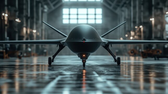 A sleek, futuristic drone captures attention in a stark industrial warehouse, emphasizing advanced technology and innovation against a rich, moody atmosphere.
