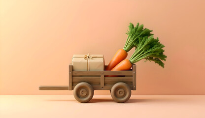 Minimalist cart holding brown paper parcel + loose carrots with green tops. Peach backdrop, subtle grain texture