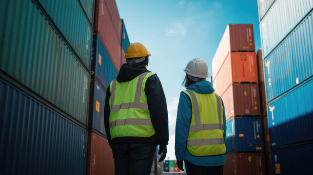 Two men in safety vests walk through a warehouse of shipping containers. Scene is serious and focused, as the men are likely working in a hazardous environment