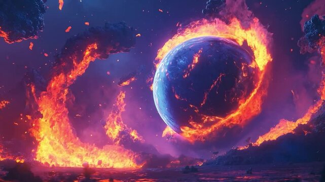 A planet engulfed in flames spins as fiery rocks spiral around it in a faraway galaxy