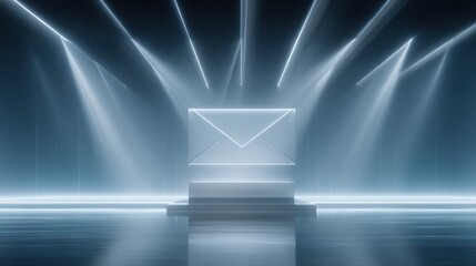 Illuminated envelope mock up on a pedestal, surrounded by beams of light in a futuristic setting, creating a captivating atmosphere for digital communication and design concepts