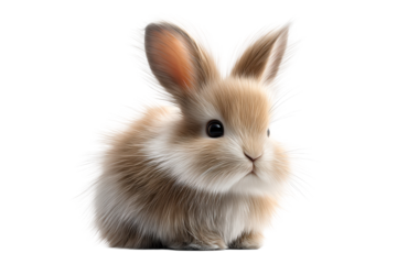 Cute fluffy rabbit with big ears sitting on a transparent background