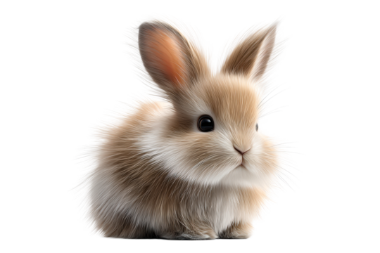 Cute fluffy rabbit with big ears sitting on a transparent background