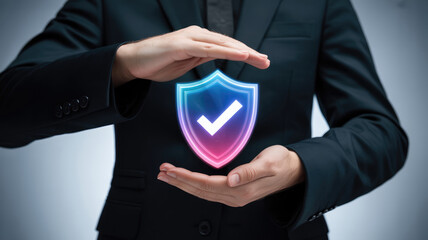 A man is holding a shield with a check mark on it. The shield is glowing and the man is wearing a suit. Concept of security and protection