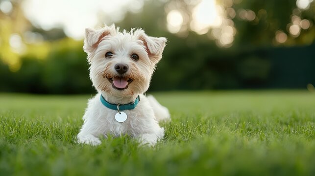 A cheerful dog exudes joy as it relaxes on lush green grass, showcasing its playful personality and love for the great outdoors in a delightful natural setting.