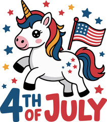 Naklejka premium Smiling unicorn with heart cheeks and waving flag over star-studded background for July 4th celebration 