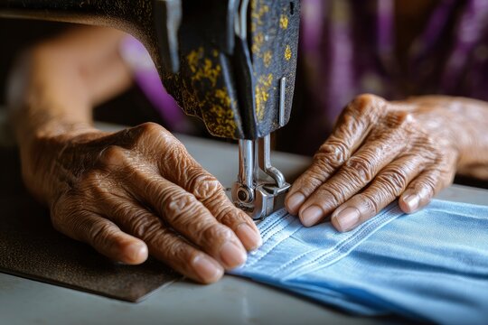 Closeup of weathered hands guiding blue fabric under a vintage sewing machine