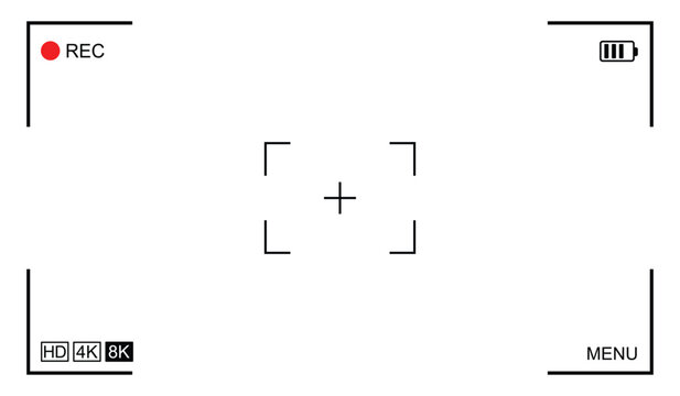 Video camera viewfinder frame. Camera recording screen template for overlay. Transparent PNG and vector illustration. 