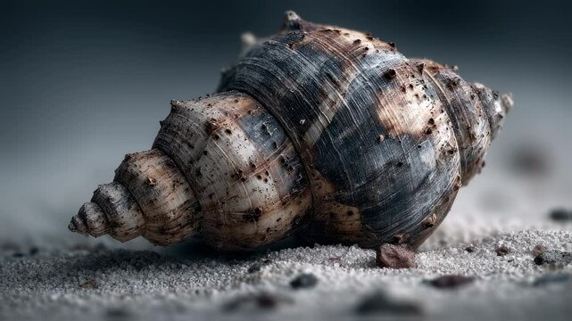 Detailed macro shot of a textured sea shell on a sandy surface by the ocean shore