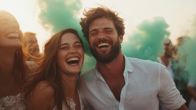 A cheerful group of friends laughing together, surrounded by colorful smoke, expressing joy and carefree moments in a vibrant outdoor setting, perfect for capturing friendship and happiness.