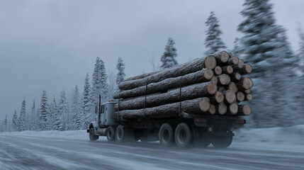 A timber truck transports logs on a snowy landscape.