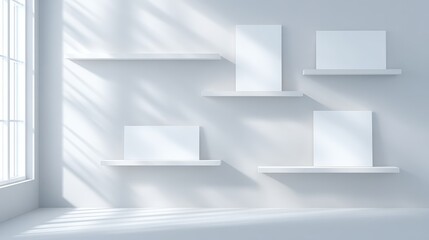 Minimalist interior with empty white shelves on a light gray wall, illuminated by natural sunlight streaming through a large window, creating a serene and spacious atmosphere for design mock up