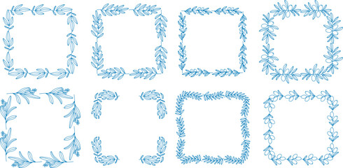 Mediterranean blue olive branch, leaves square frame set outline style