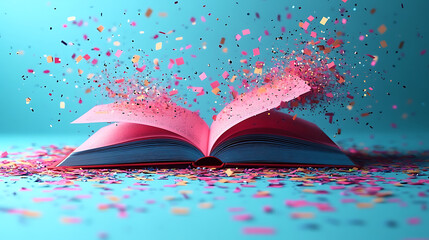 An open pink book releasing colorful confetti against a vibrant blue background