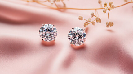 Classic diamond earrings placed symmetrically atop soft rose velvet, pastel soft background with subtle thin vine branches, natural elegant top-down flat lay photography for luxury branding,