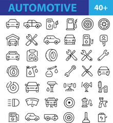Automotive Line Icons Set , Editable Vector Symbols for Vehicles, Car Parts, Repair, and Transportation Services

