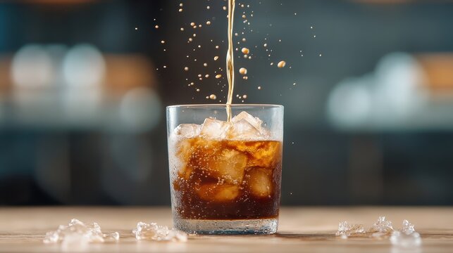 An energetic splash of soda streams into a glass filled with ice cubes, capturing the essence of refreshment and enjoyment in a lively beverage, perfect for summer gatherings.