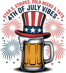 Uncle Sam hat with cold beer mug and stars stripes cold beers and hats text for celebratory July 4th vibe  