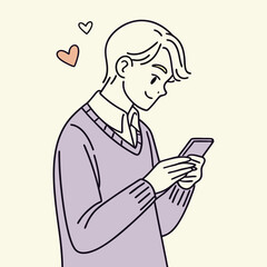 Smiling young adult male with hearts is texting on his modern smartphone