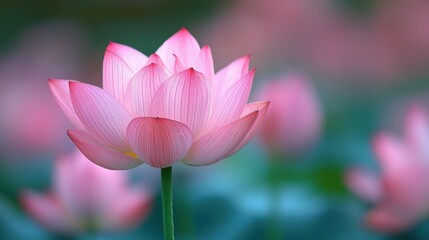 Detailed Pink Lotus Blossom with Green Stem and Blurred Background of Soft Flowers