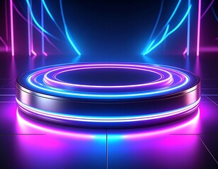 Fototapeta premium Neon Sci-Fi Podium Stage with Glowing Lights – Futuristic Dark Background