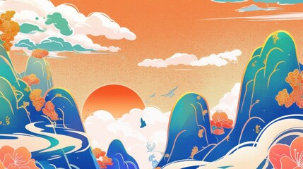Stylized Landscape with Blue Mountains, Orange Sun, and Clouds