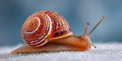 Macro shot of a vibrant snail with glistening shell on frosty surface, nature background for educational or marketing content.