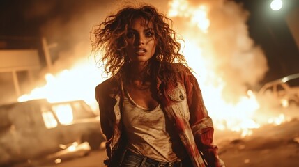 A powerful image of a woman standing amidst flames and chaos, embodying strength and resilience in the face of adversity, perfect for dramatic storytelling and artistic expression.