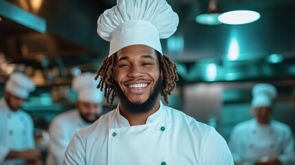 A joyful chef wearing a traditional hat smiles proudly in a bustling professional kitchen setting, representing dedication and skill in the culinary arts and teamwork.
