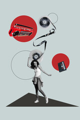 3d pop image vertical art collage of happy girl guy dance weekend chill occasion retro cassette boombox player celebration
