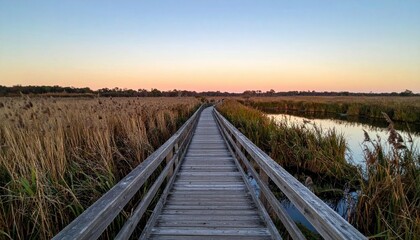 Wooden Bridge Over Marsh At Sunset